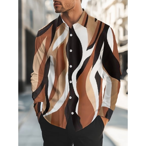 Mens Long Sleeve Shirt Button Down Loose Fit Vintage Shirts Banded Collar Tops Henley Shirt Brown 3XL