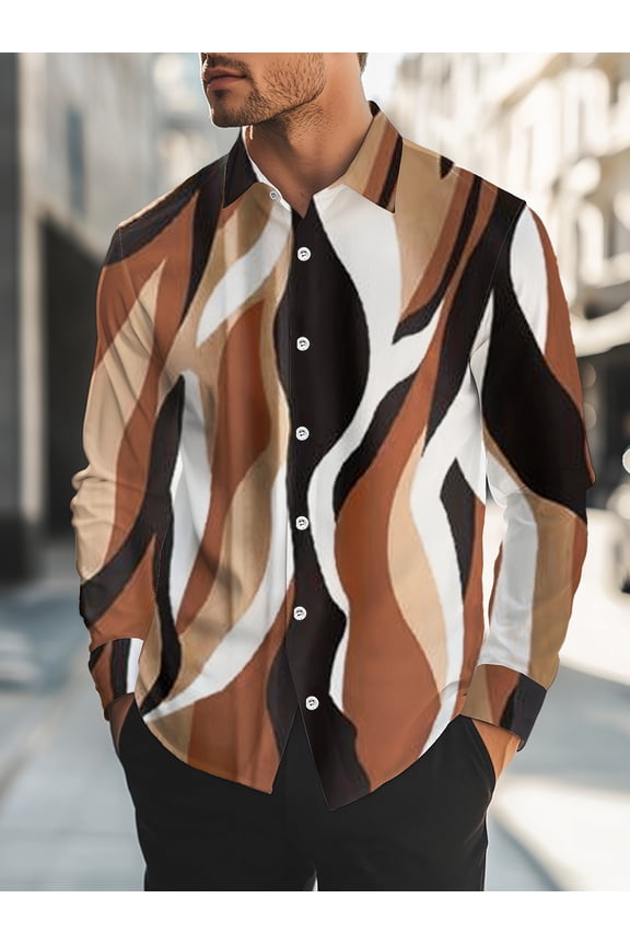 Mens Long Sleeve Shirt Button Down Loose Fit Vintage Shirts Banded Collar Tops Henley Shirt Brown 3XL