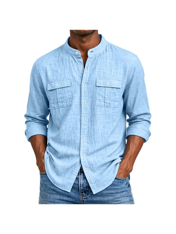 Mens Long Sleeve Shirt Button Down Loose Fit Vintage Shirts Banded Collar High Elastic Summer Beach Tops Henley Shirt with Double Flap Pocket Light Blue-A