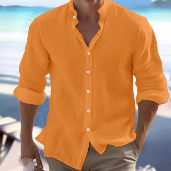 Mens Long Sleeve Shirt Casual Stylish Soft Shirts Comfortable Slim Fit Open-Front Shirt Orange Size M