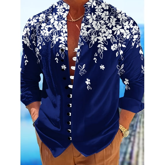 Mens Long Sleeve Shirt Floral Button Down Collared Loose Fit Casual Vintage Hippie Summer Breathable Shirts Blue 3XL