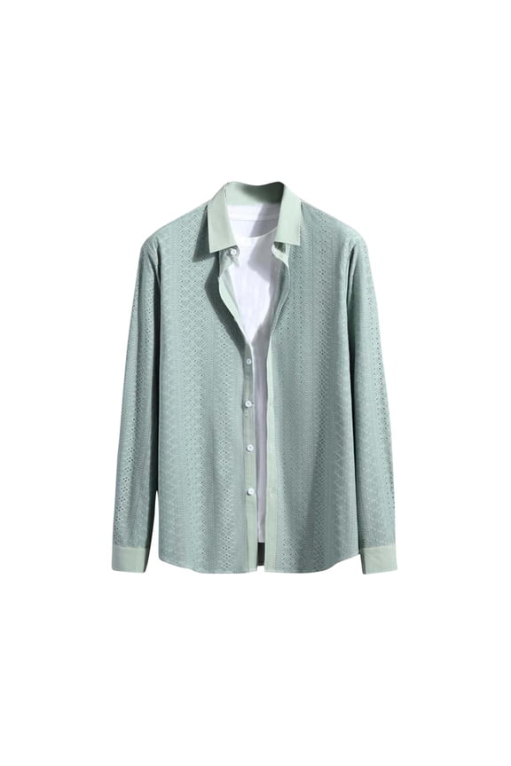 Mens Long Sleeve Shirt Jacket Button Up Loose Casual Fit Vintage Shirts Banded Collar Lightweight High Elastic Tops Henley Shirt, Green (Medium)