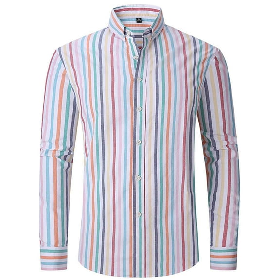 Mens Long Sleeve Shirt Slim Fit Oxford Striped Shirt Button Turn Down Collar Business Casual Pink M