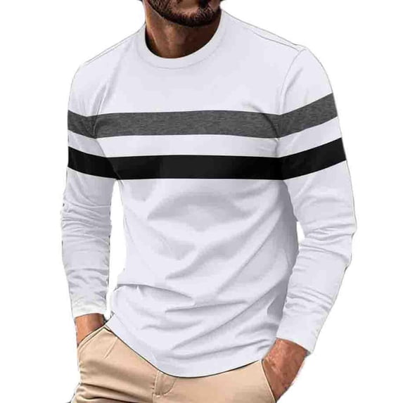 Mens Long Sleeve Shirt Soft Casual Full Sleeves Crew Neck Tee Color Block Striped Design Relaxed Sweatshirt