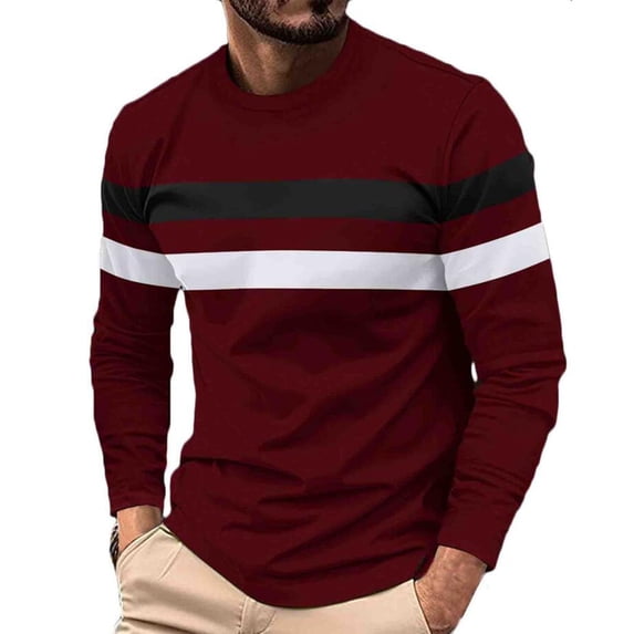 Mens Long Sleeve Shirt Soft Casual Full Sleeves Crew Neck Tee Color Block Striped Design Relaxed Sweatshirt