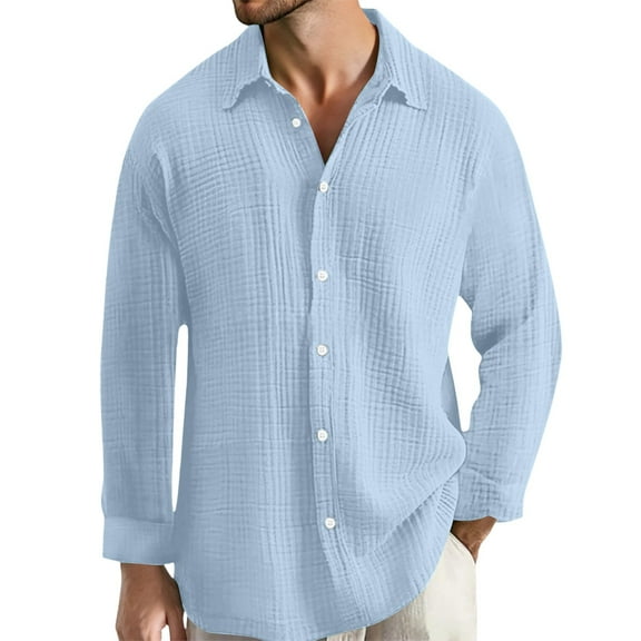 Mens Long Sleeve Shirt Solid Color Shirt Double Layer Crinkle Turn Down Collar Button Shirt Blue M