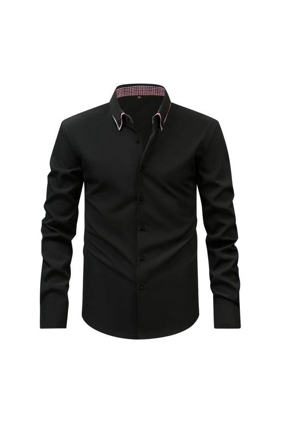 Mens Long Sleeve Shirt Solid Color Two Collar Shirt Stretch Business Casual Stand Collar Shirt Top Black XXXL