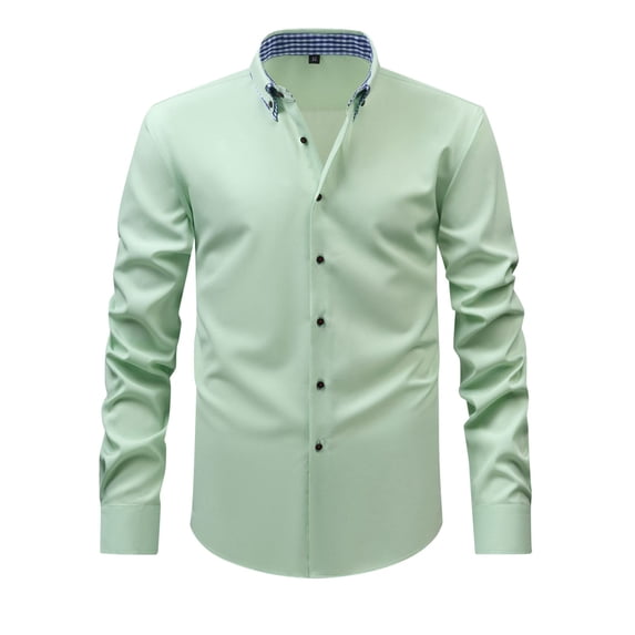 Mens Long Sleeve Shirt Solid Color Two Collar Shirt Stretch Business Casual Stand Collar Shirt Top Light Green XL