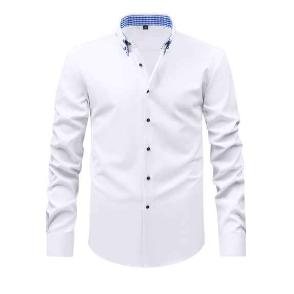 Mens Long Sleeve Shirt Solid Color Two Collar Shirt Stretch Business Casual Stand Collar Shirt Top White XL