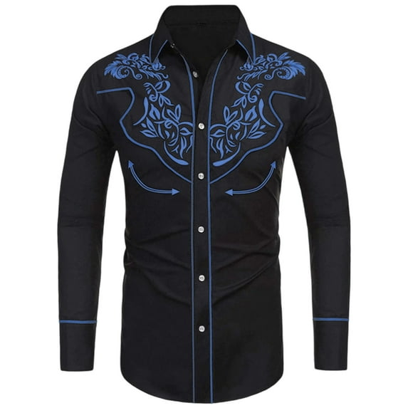 Mens Long Sleeve Shirt Solid Western Cowboy Vintage Shirt Loose Fit Big Size Casual Button Blue L