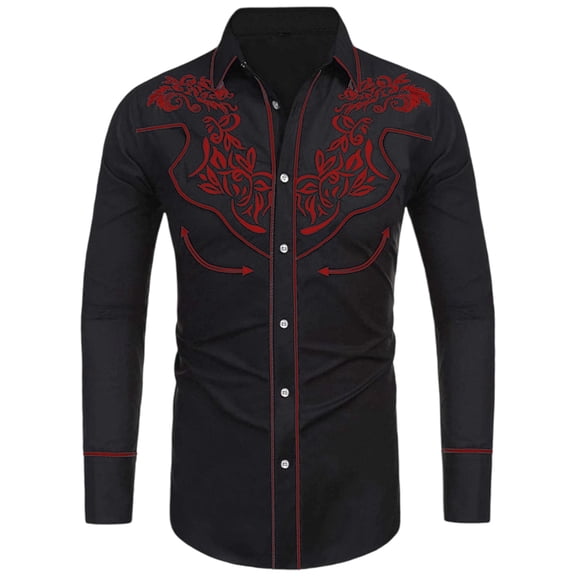 Mens Long Sleeve Shirt Solid Western Cowboy Vintage Shirt Loose Fit Big Size Casual Button Red XL