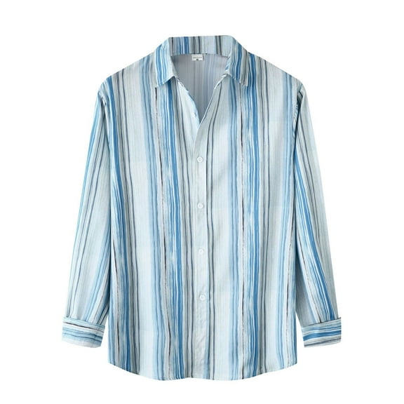 Mens Long Sleeve Shirt Striped Shirt Button Turn Down Collar Casual Comfortable Knit Feel Top Sky Blue XL