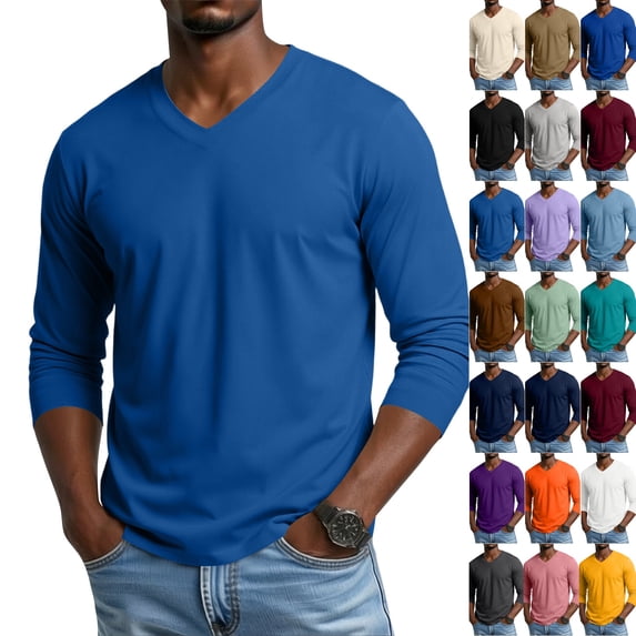 Mens Long Sleeve Shirt V Neck T Shirts Casual Cotton Plain Basic Tee Lightweight Breathable Classic Slim Fit Shirt Blue S