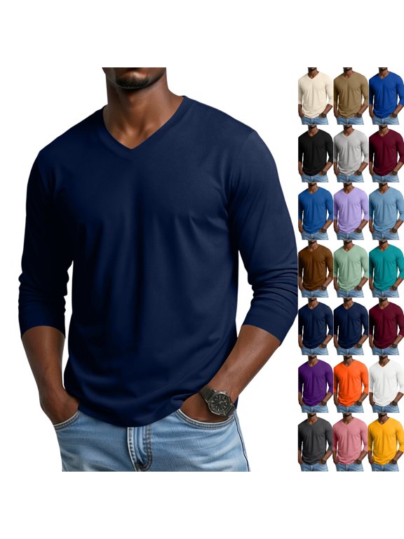 Mens Long Sleeve Shirt V Neck T Shirts Casual Cotton Plain Basic Tee Lightweight Breathable Classic Slim Fit Shirt Dark Blue 3XL