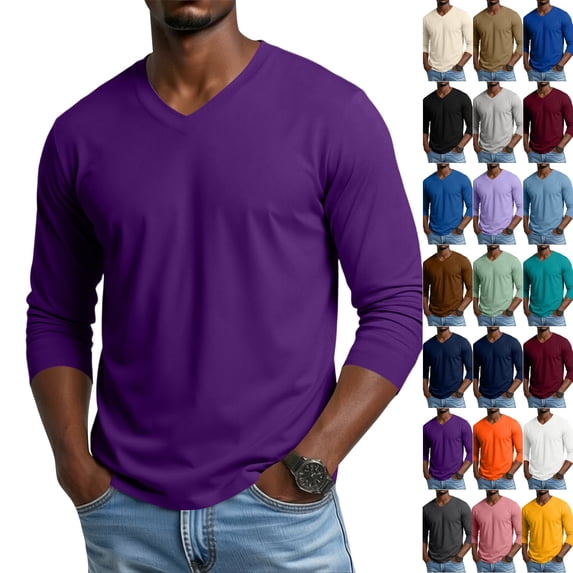 Mens Long Sleeve Shirt V Neck T Shirts Casual Cotton Plain Basic Tee Lightweight Breathable Classic Slim Fit Shirt Dark Purple 3XL