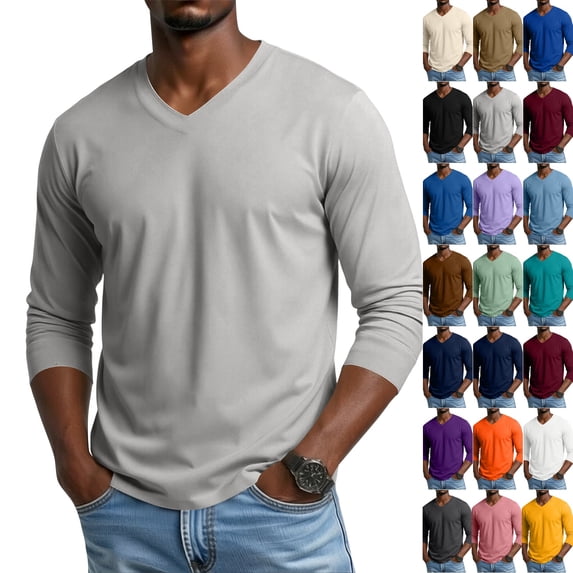 Mens Long Sleeve Shirt V Neck T Shirts Casual Cotton Plain Basic Tee Lightweight Breathable Classic Slim Fit Shirt Light Gray M