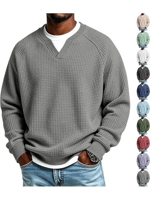 Mens Long Sleeve Shirt Waffle Knit Textured V Neck Pullover Sweatshirt | (Undershirt Not Included) Soft Comfy Loose Fit Casual Shirts Basic Tops