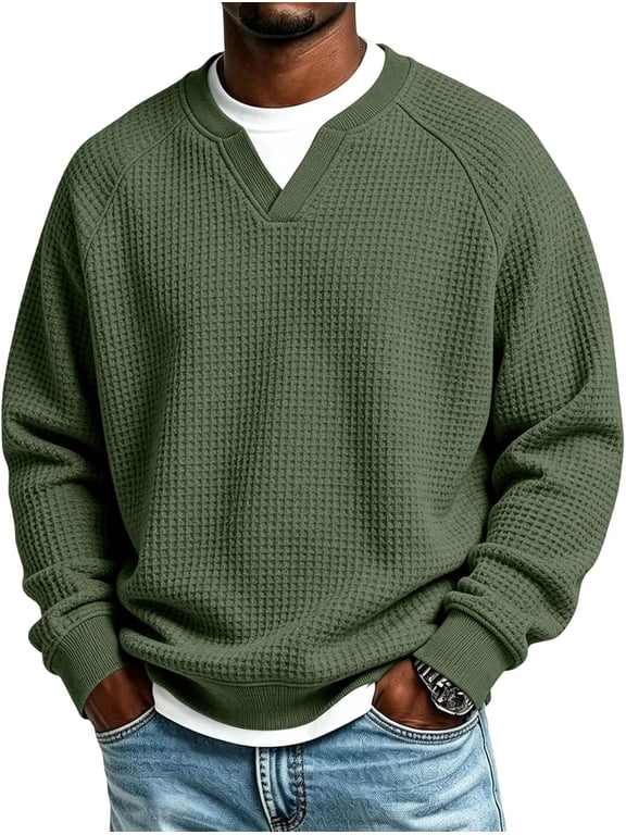 Mens Long Sleeve Shirt Waffle Knit Textured V Neck Pullover Sweatshirt | (Undershirt Not Included) Soft Comfy Loose Fit Casual Shirts Basic Tops