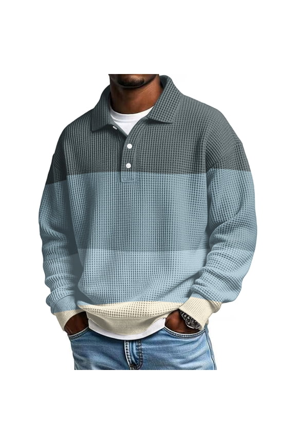 Mens Long Sleeve Shirts Button Collar Waffle Knit Lightweight Pullover Tee Fall Winter Clothes