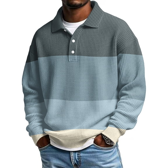 Mens Long Sleeve Shirts Button Collar Waffle Knit Lightweight Pullover Tee Fall Winter Clothes