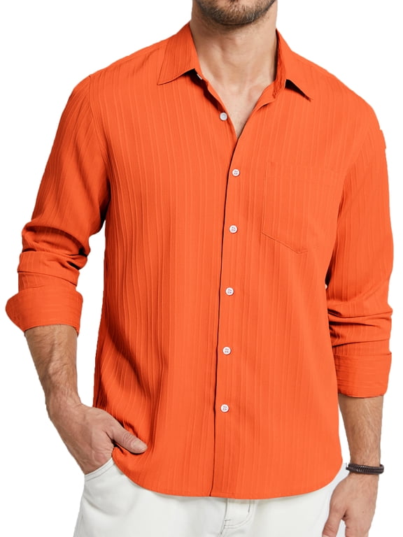 Mens Casual Shirts Long Sleeve Button Down Shirts Wrinkle Free Orange Textured Shirt with Pocket L
