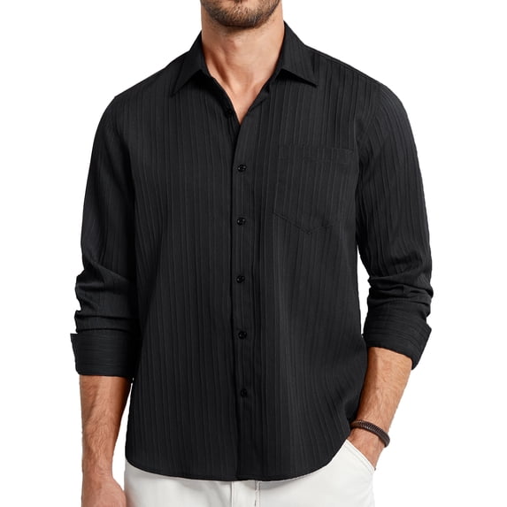 Mens Casual Button Down Shirt Black Long Sleeve Texture Shirts Lightweight Wrinkle Free Solid Shirt