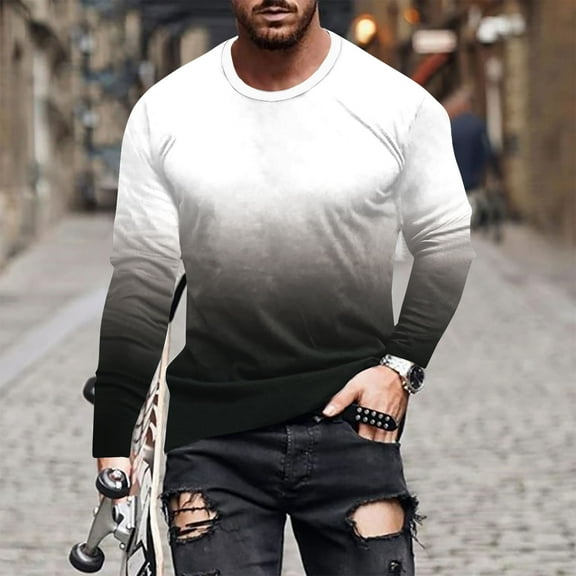 Mens Long Sleeve Shirts Casual Gradient Color Muscle Fit Pullover Graphic Tee Shirts 2024 Spring Fashion Athletic Sweatshirts Streetwear Tops Blouses