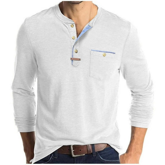Mens Long Sleeve Shirts, Henley Shirts for Men Fall Casual Loose Fit Solid Color Button Up T-Shirts with Pockets
