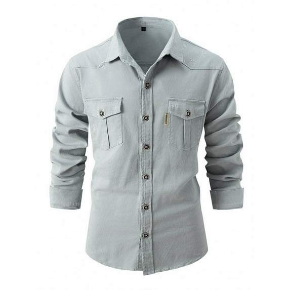 Mens Long Sleeve Shirts with Pockets Button-Down Collared Cotton Blend Slim Fit Tshirts Casual Solid Comfort Workwear Basic Lapel Tops Shirt