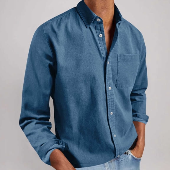 Mens Long Sleeve Shirts Regular Fit Casual Turndown Collar Cowboy Blouse Western Button Down Shirt with Pocket Sky Blue L