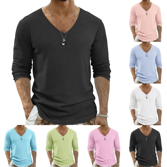 Mens Long Sleeve Shirts Solid Color V Neck Tops Casual Daily Tshirt Slim Fit Comfy Fall Shirt Black L