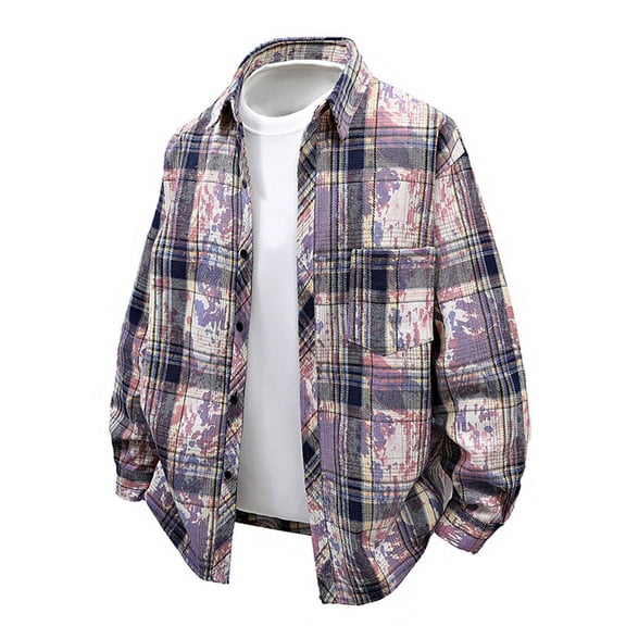 Mens Long Sleeve Shirts with Pocket Button-Down Collared Shackets Shirt Casual Plaid Printed Tie-Dye Loose Comfort Going-Out Streetwear Lapel Tops