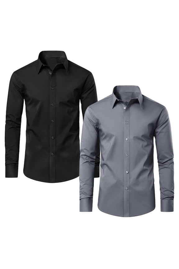Mens Long Sleeve Slim-Fit Design Dress Shirts (2-Pack)