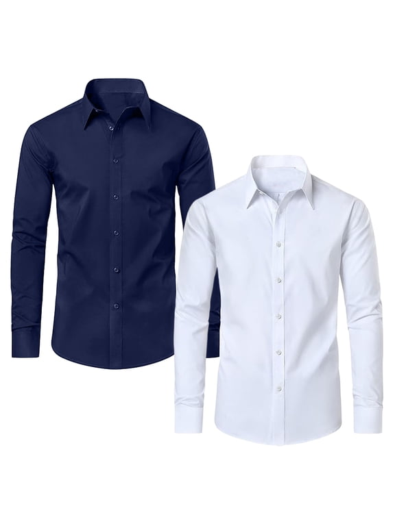 Mens Long Sleeve Slim-Fit Design Dress Shirts (2-Pack)