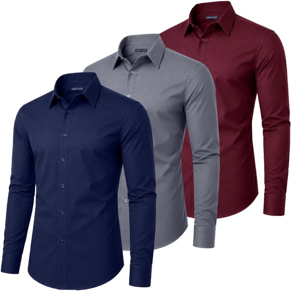 Mens Long Sleeve Slim-Fit Design Dress Shirts (3-Pack)