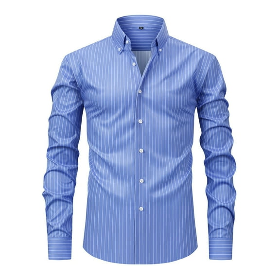 Mens Long Sleeve Stripes Casual Dress Shirt Button Down 4-Way Stretch Casual Business Work T-Shirts, Sky Blue, Size M