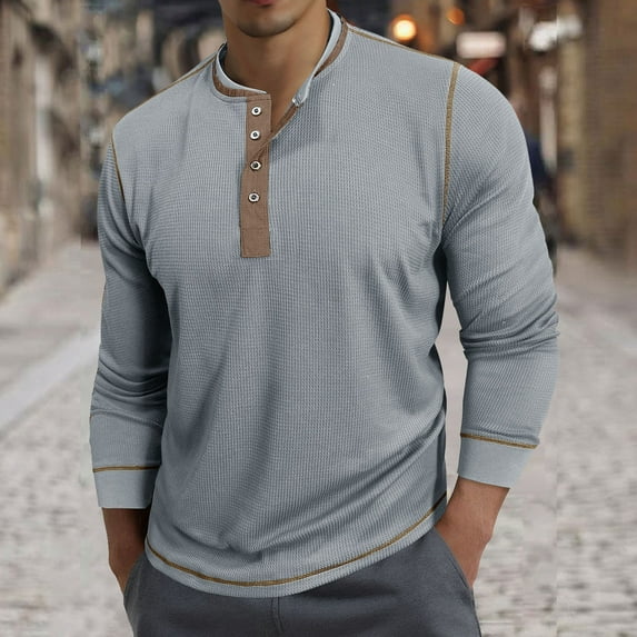 Mens Long Sleeve T Shirt Collarless Henley T Shirt Cotton T Shirts Golf Polo Shirts Gray XL