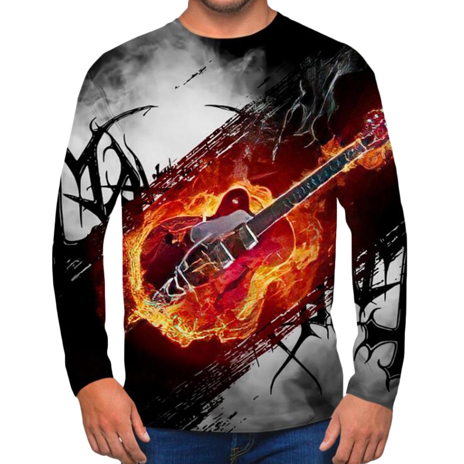 Mens Long Sleeve T-Shirt Hip Hop Guitar Graphic Print Slim-Fit Crewneck  Casual Tops Fall Pullover Tie Dye Tee Shirts 