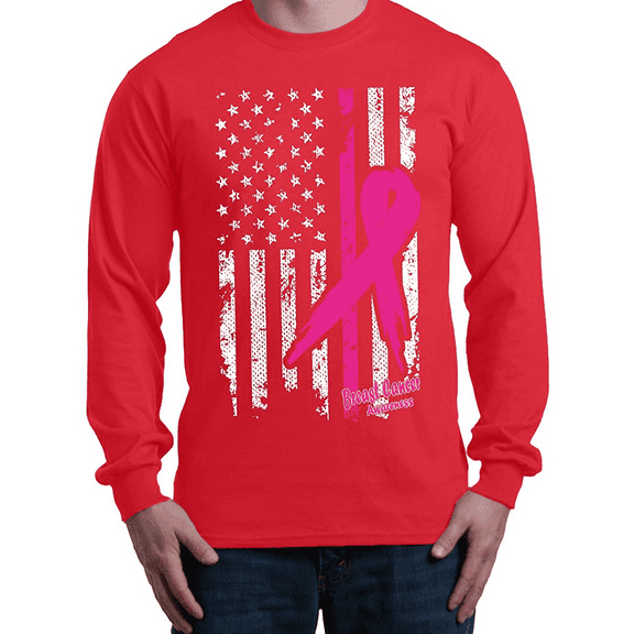 Mens Long Sleeve T-Shirts - Cancer Ribbon American Flag