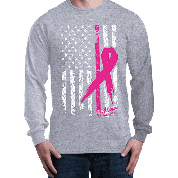Mens Long Sleeve T-Shirts - Cancer Ribbon American Flag