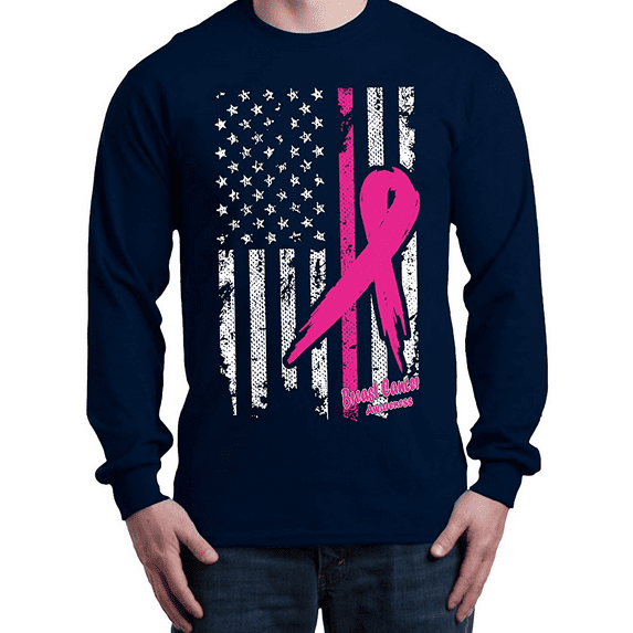 Mens Long Sleeve T-Shirts - Cancer Ribbon American Flag