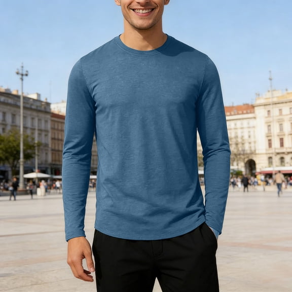 Mens Long Sleeve T Shirts Crew Neck Casual Basic Tee Shirt Mens Shirts (Dark Blue L)