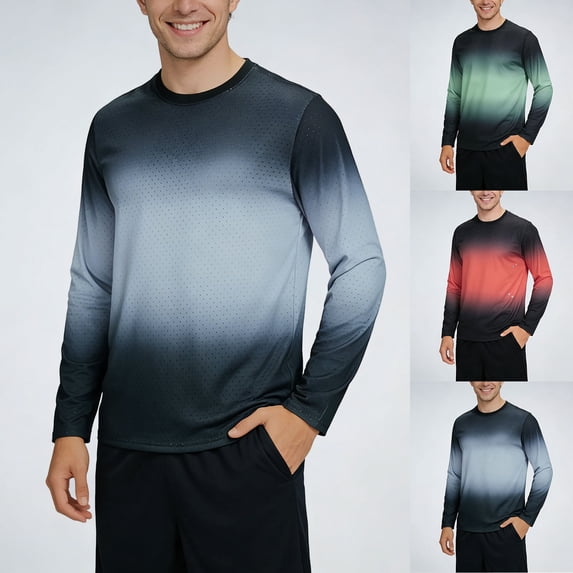 Mens Long Sleeve T Shirts Gradient Crewneck Lightweight Running Activewear Tops Green L