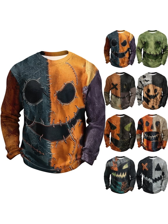 Mens Long Sleeve T Shirts Halloween Graphic Print Crewneck Casual Pullover Shirts Loose Fit Streetwear Tops