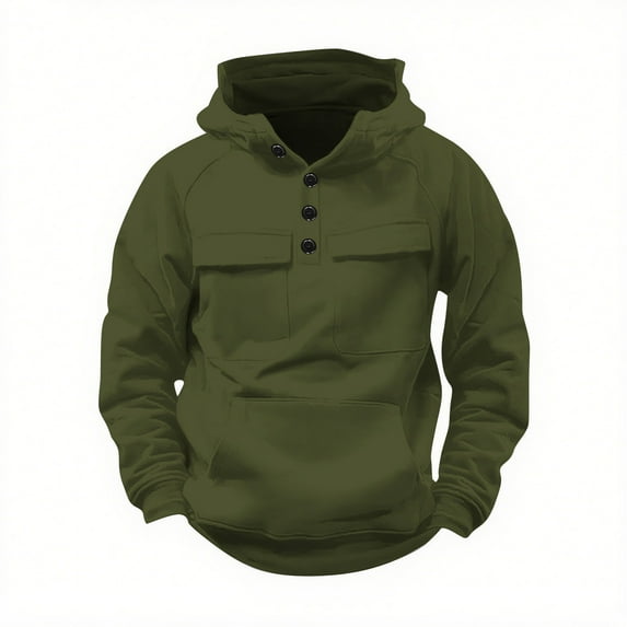 Mens Long Sleeve T Shirts Loose Fitted New Men's Casual Long Sleeve Button Pullover Vintage Workout Hoodies Fall Tactical Sweatshirt with Pockets Army Green 3XL