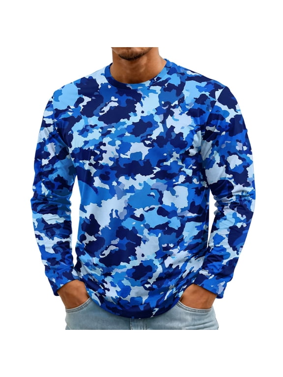 Mens Long Sleeve Tee Shirts Camo Pattern Crew Neck T-Shirt Regular Fit Casual Basic Tees