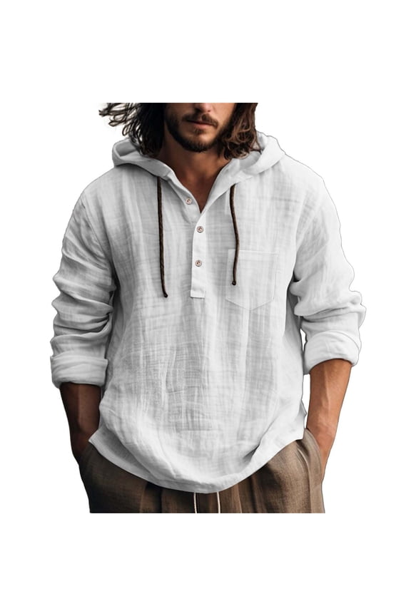 Mens Long Sleeve Tee Shirts,Fashion Hooded Shirt Solid Color Pocket Detail Long Sleeve Linen Blend Casual Coat Style Comfortable Top,White Undershirts Men,3XL,White