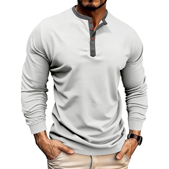 Mens Long Sleeve Tee Shirts Henley Shirts Polo Classic Casual Basic Tee Shirts Cotton Lightweight Stylish Pullover Tees Solid Basic Shirts for Fishing Workout Athletic Gym