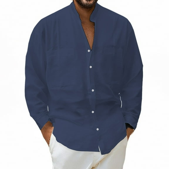Mens Long Sleeve Tee Shirts,Linen Long Sleeve Shirt Lightweight Solid Color Loose Fit Shirt Breathable Comfortable Casual Wear,Gym Shirts Men,M,Navy