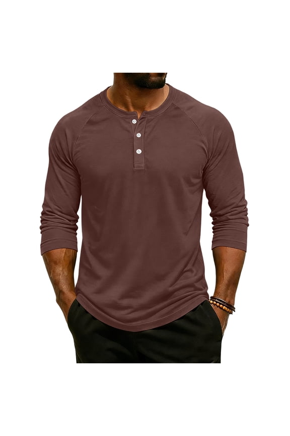 Mens Long Sleeve Tee Shirts Long Sleeve T Shirt Men 3/4 Sleeve Shirt Men 3/4 Sleeve Shirt Men Summer Solid Color Henley Neck Baseball T-Shirts Casual Loose Fit Tees Baseball T-Shirt, Brown-S